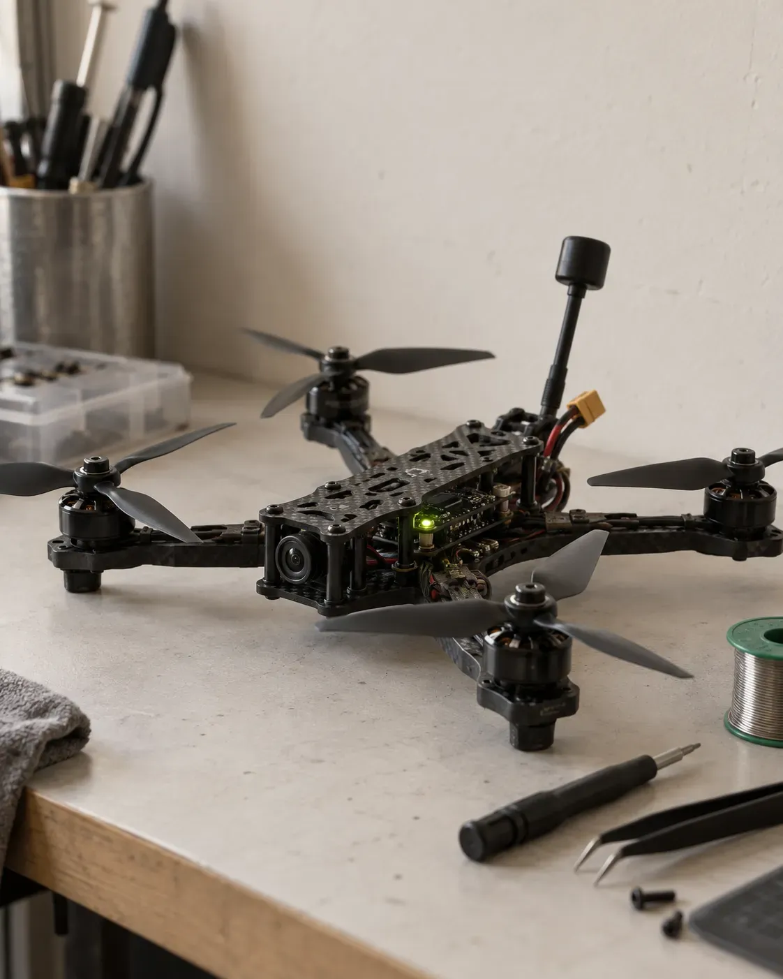 A custom-built quadcopter drone on a workshop bench