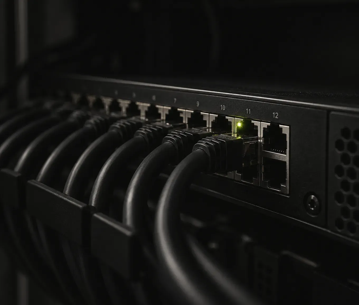 Network switch with patch cables and a lit status light, for workflow automation