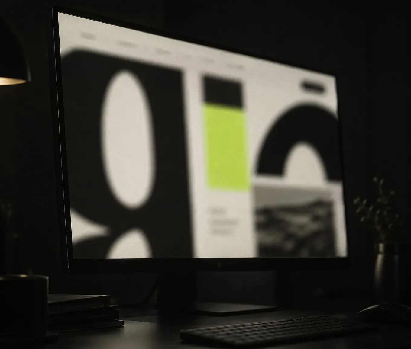 Desktop monitor displaying a bold, typographic marketing website