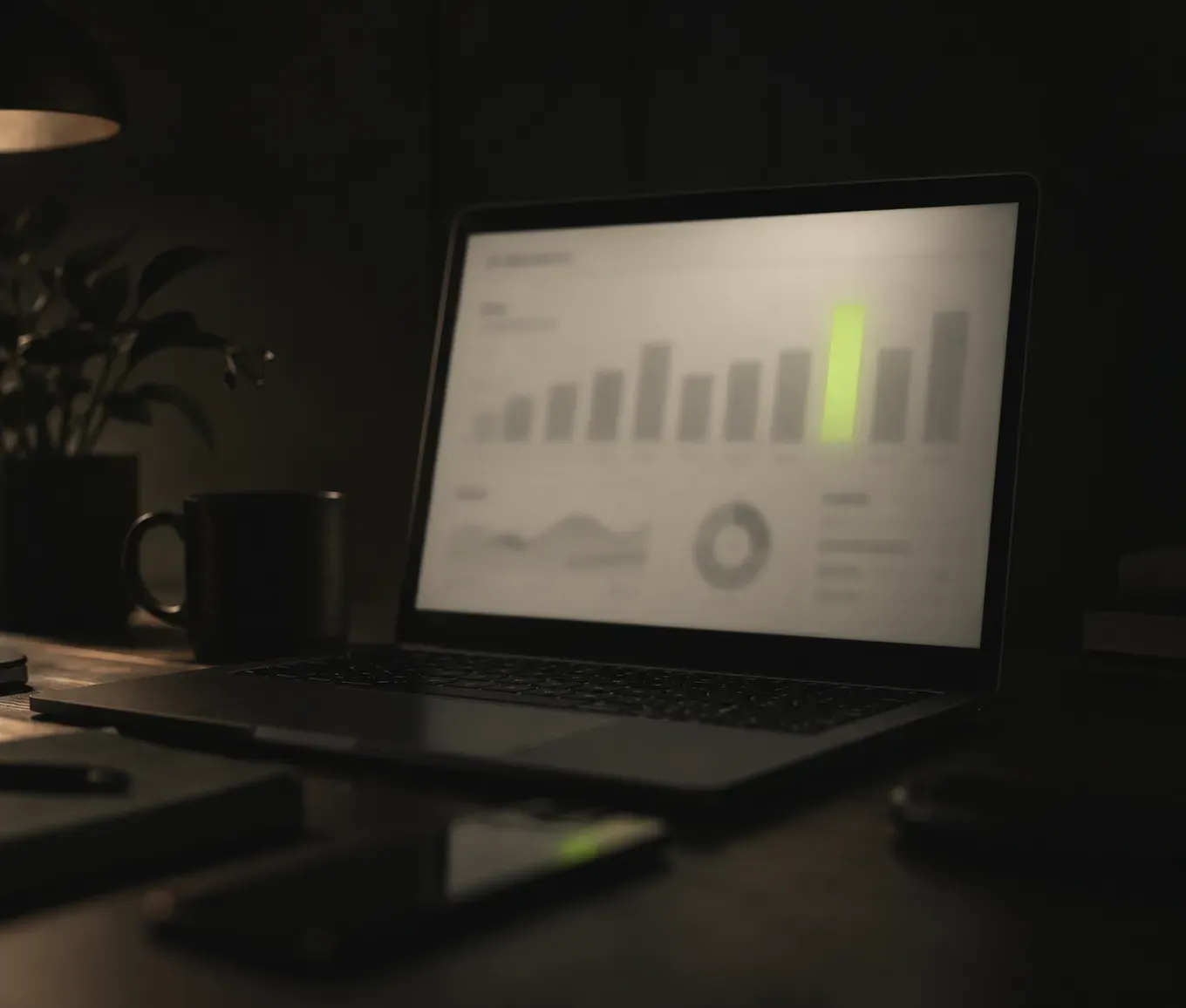 Laptop on a desk showing a SaaS analytics dashboard with bar and line charts
