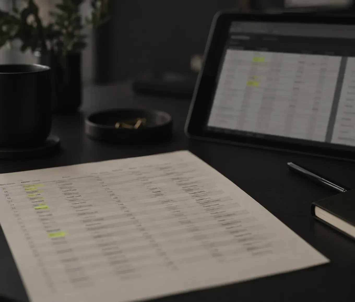 Printed spreadsheet next to a tablet running an internal data tool